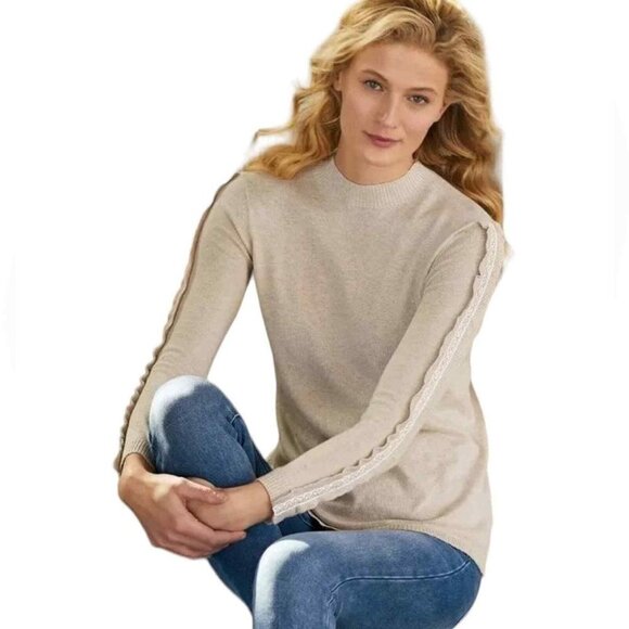 New Soft Surroundings Cream Tan Ruffle Sleeve Crewneck Cozy Sweater P5236 - Picture 1 of 10